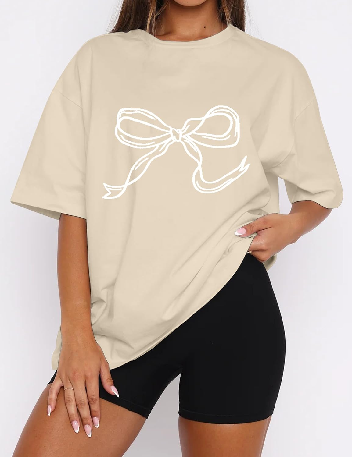 MISSACTIVER Women’s Oversized Bow Graphic T-Shirt Drop Shoulder Short Sleeve Graphics Tee Shirt Casual Outfit Going Out Top - Image 2