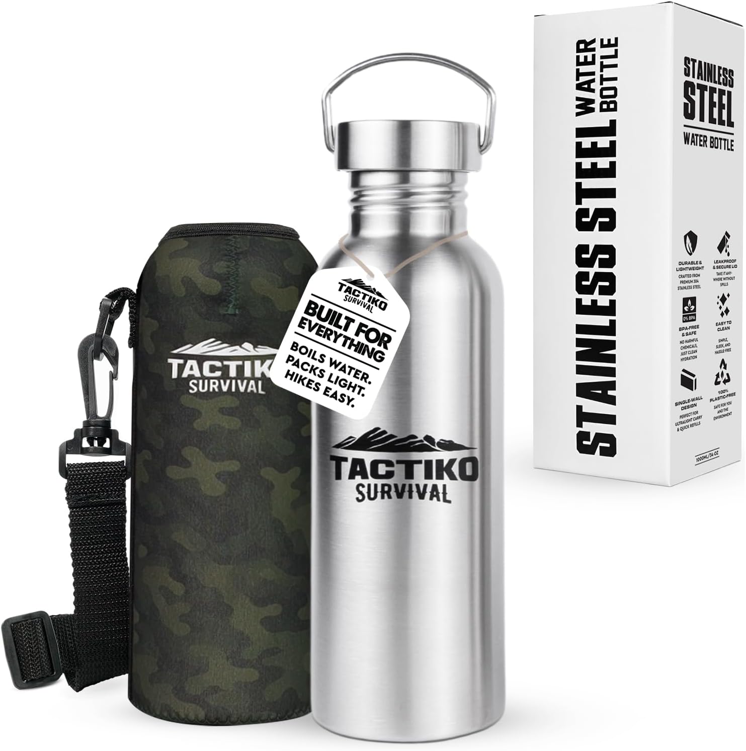 Tactiko Survival 25 oz/750 ml Stainless Steel Wide Mouth Water Bottle, Single Wall Boil-Safe, Leakproof, BPA-Free with Carry Sleeve and Strap for Camping, Hiking, Outdoor Prep (Camo)