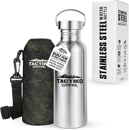 Miniatura 15 de Tactiko Survival Botella de agua de boca ancha de acero inoxidable de 34 oz/33.8 fl oz, de una sola pared, segura para hervir, a prueba de fugas,