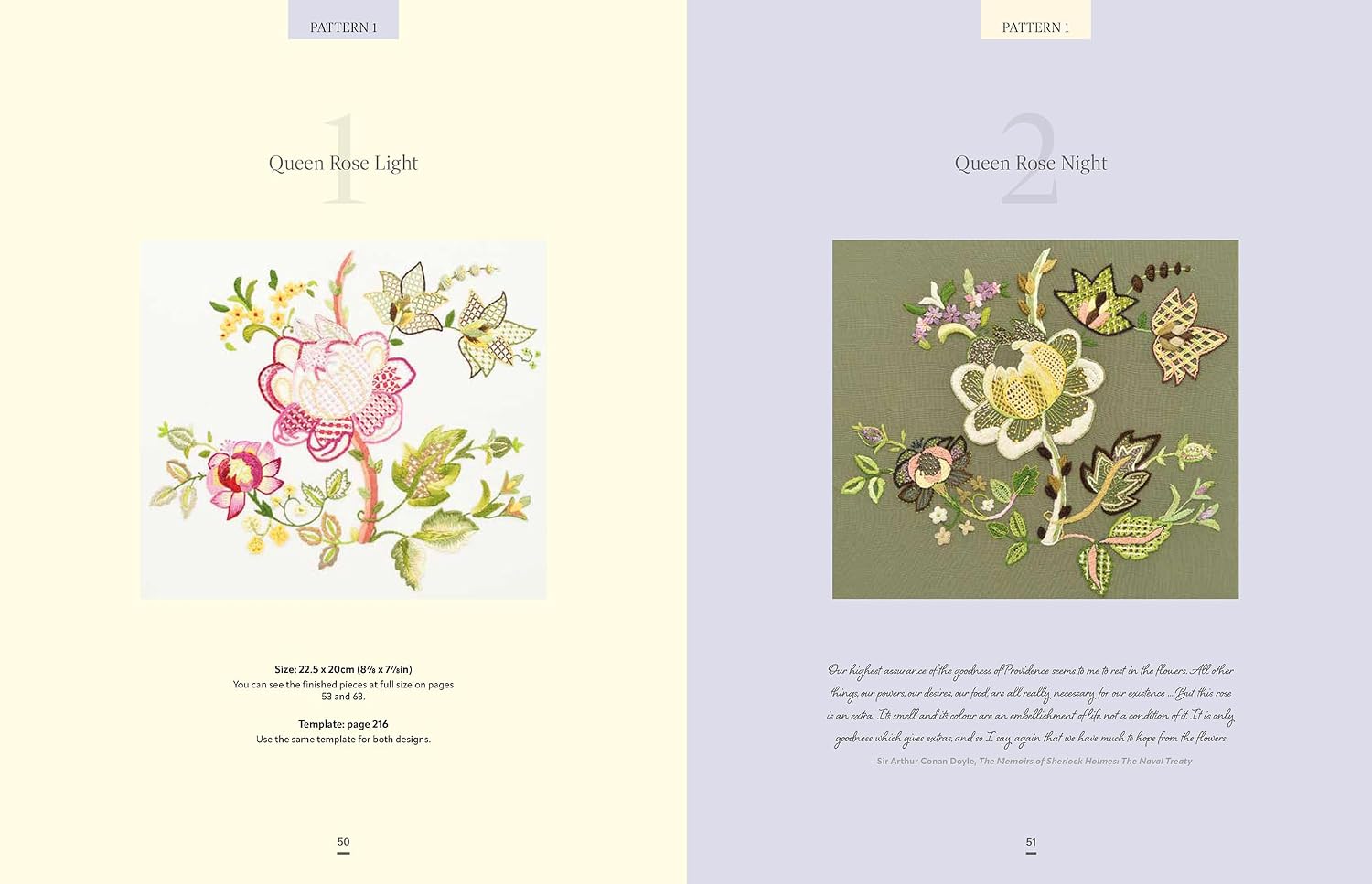 Contrast in Crewel Embroidery: Modern designs stitched on light and dark