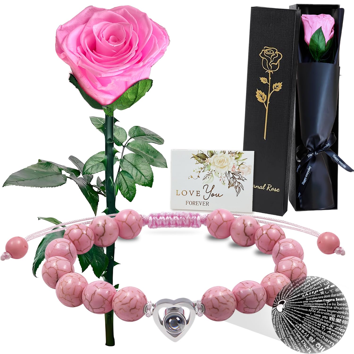 Ewige Rosen mit Stiel,Echte Konservierte Blume, Infinity Rosenbox,Handgefertigte Rosenblume Blumenstrauß für Muttertag Valentinstag Weihnachten Thanksgiving Mutter Großmutter Ehefrau Geschenk(Rosa)