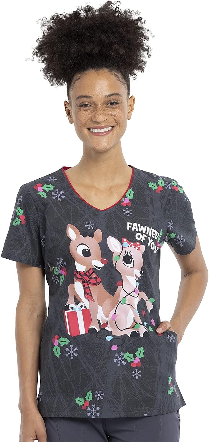 Cherokee Disney Scrubs for Women V-Neck Printed Scrub Top 2 Pockets | Soft Stretch Fabric, Modern Classic Fit, Shaping Darts, Side Vents, Easy Care, Perfect for Children's Hospital Teams