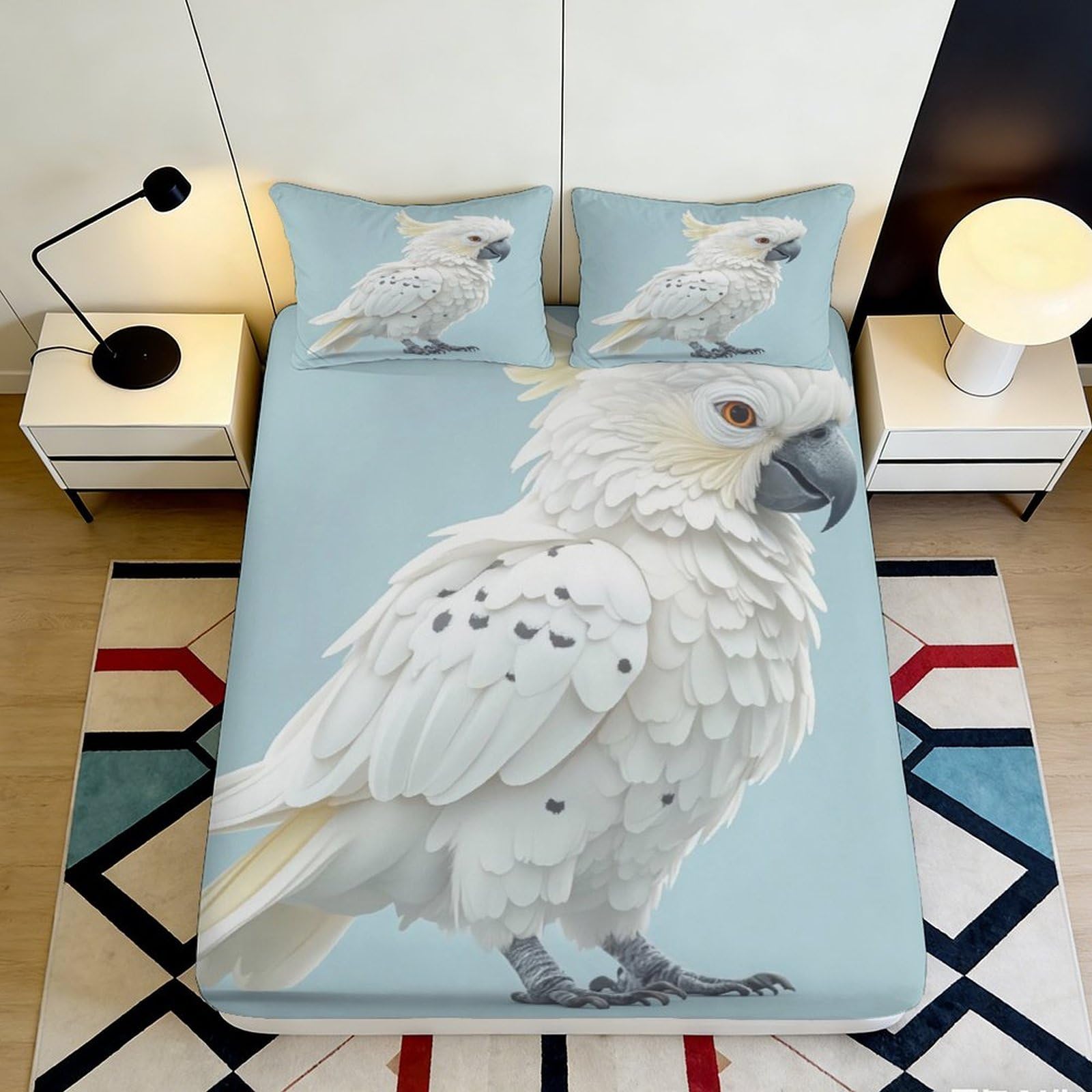 3D Printed Parrot Pattern Fitted Sheet Microfiber Elastic Hem Deep Pocket Parrot Mattress Fitted Cover Washable 180x200x25cm
