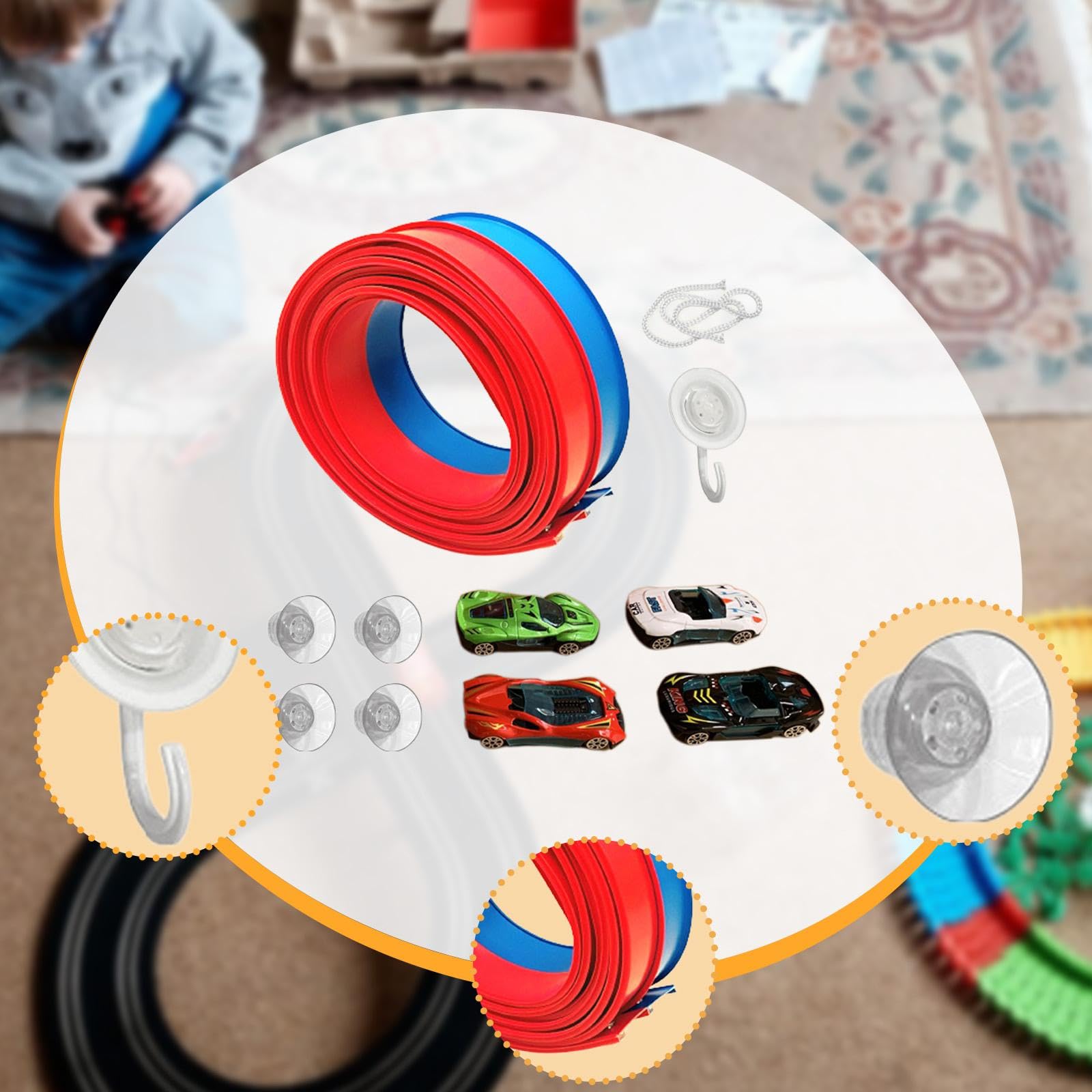 MERIGLARE Pista de Carreras Flex Tracks, Regalo de Cumpleaños con 4 Coches de Carreras Pequeños.