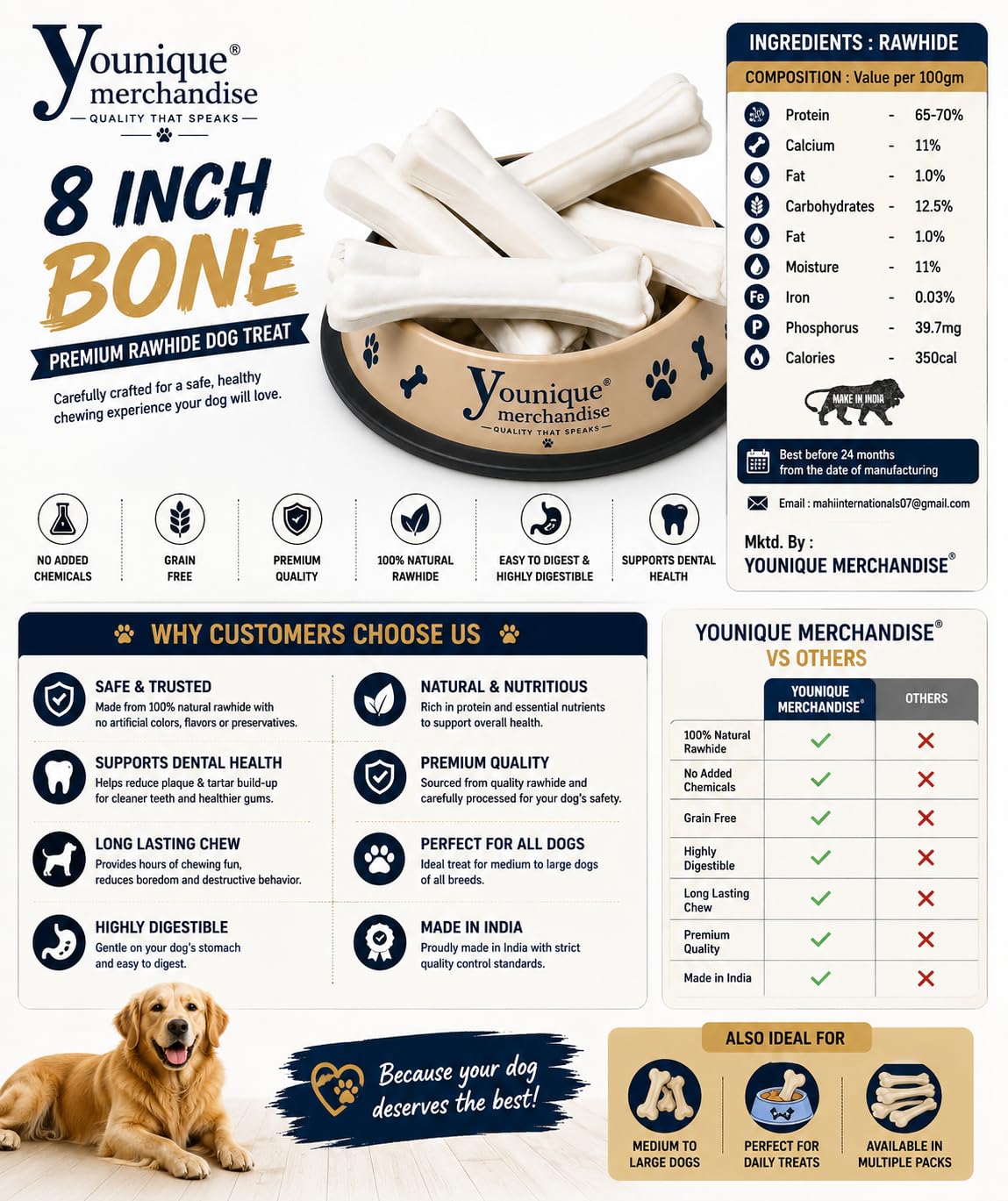 YOUNIQUE MERCHANDISE 8-Inch Pressed Rawhide Dog Chew Bones (500g) – Natural & Edible, Promotes Dental Health, Reduces Tartar & Plaque, Relieves Teething Pain 2