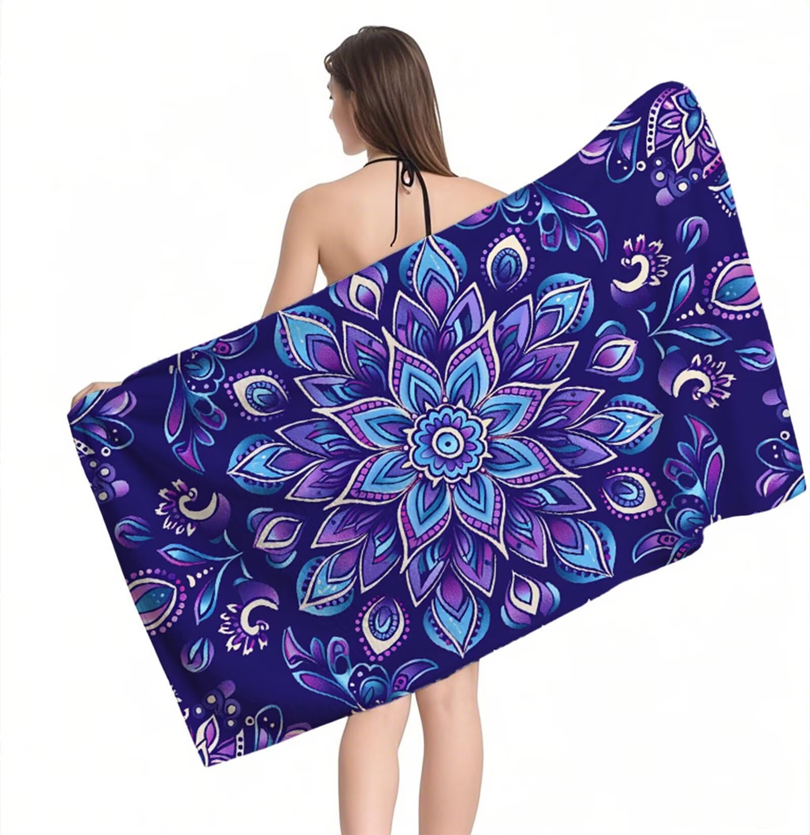 Ręcznik plażowy z mikrofibry 220 x 100 cm duży ręcznik kąpielowy fioletowe kwiaty mata plażowa anty piasek, ręczniki sportowe, szybkoschnące, kompaktowe i lekkie, do sportu, podróży, sauny, basenu Y1