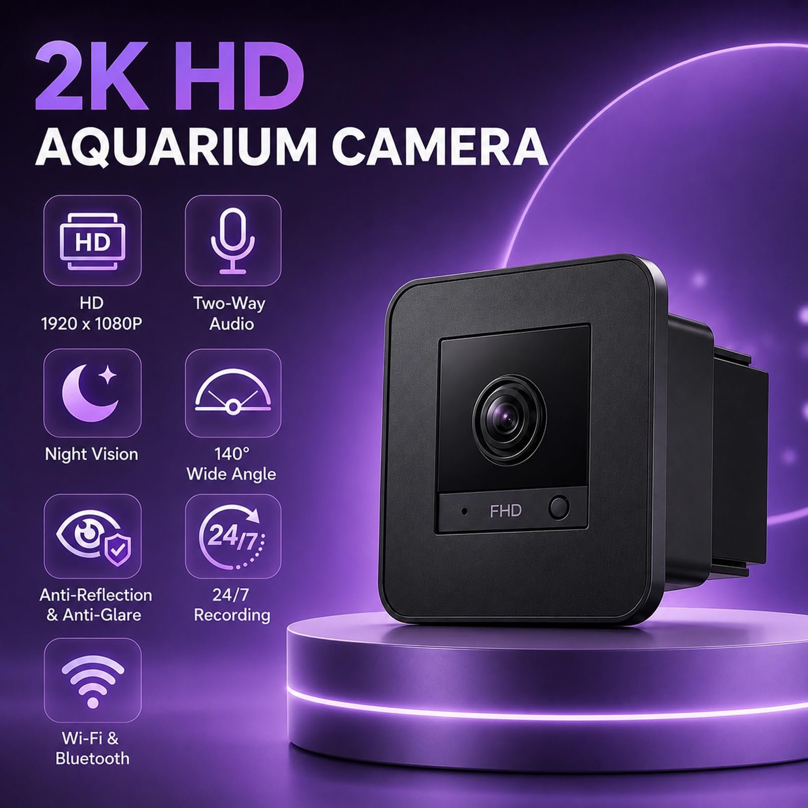 2K-Aquariumkamera mit Blendschutzobjektiv, 140°-Weitwinkel-WLAN-Aquariumkamera, KI-Bewegungserkennung, Zwei-Wege-Audio, Nachtsicht für Reptilien-Terrarium