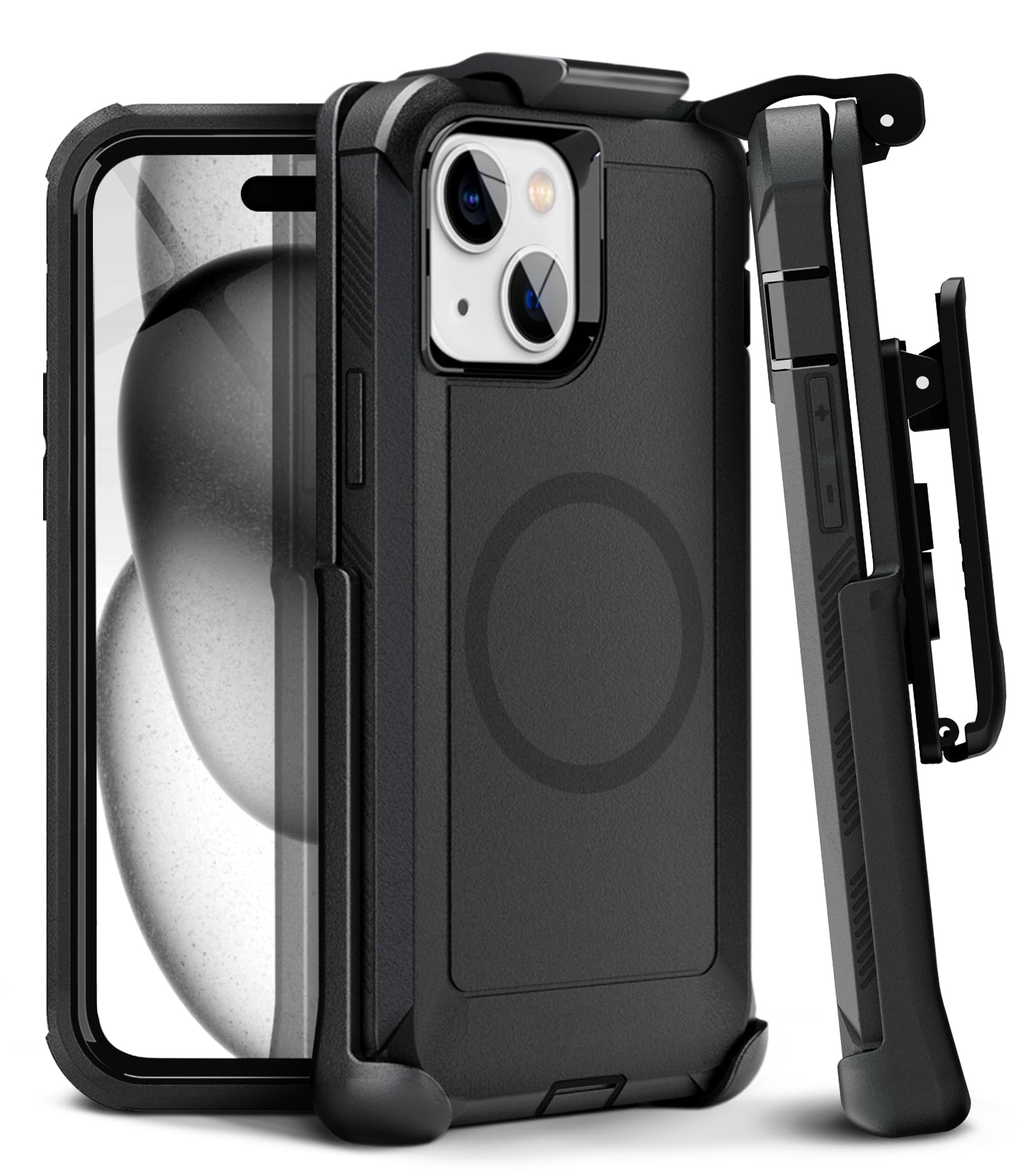 Motive Coque pour iPhone 15 avec Clip Ceinture, Coque magnétique Compatible MagSafe, Robuste et Protection de qualité Militaire à Quatre Couches pour iPhone 15, 6,1 Pouces, Noir