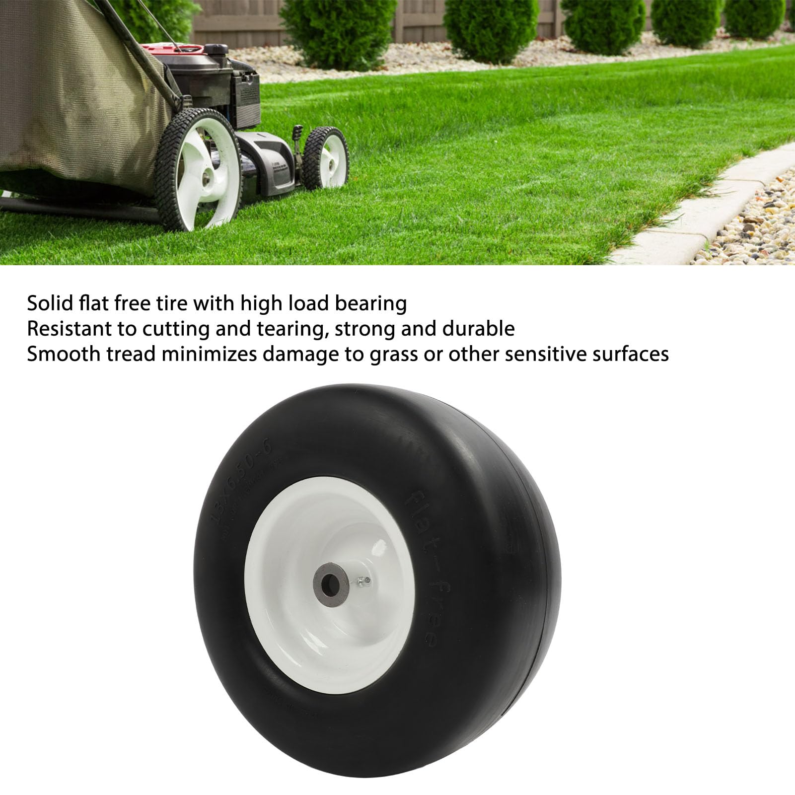 2 Neumáticos de Cortacésped de 13 X 6,50 6, sin Pinchazos, Repuesto de Rueda de Tractor de Hierro Sólido de PU con Bujes Blancos, para Monociclo de Bricolaje, Coches y
