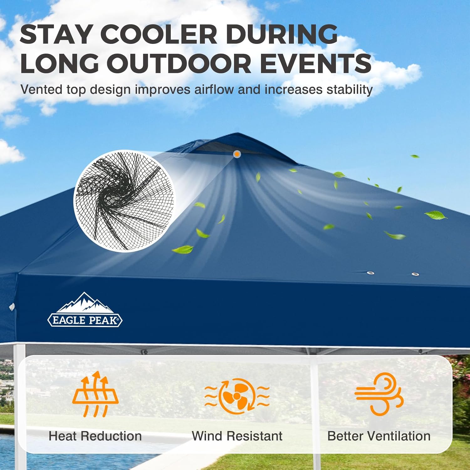 eagle peak 10x10 pop up canopy tent easy up canopy outdoor, dark blue | patented peakpush™ center lock, 1 person setup portable pop up tent, beach, markets, camping sport events, wheeled carry bag