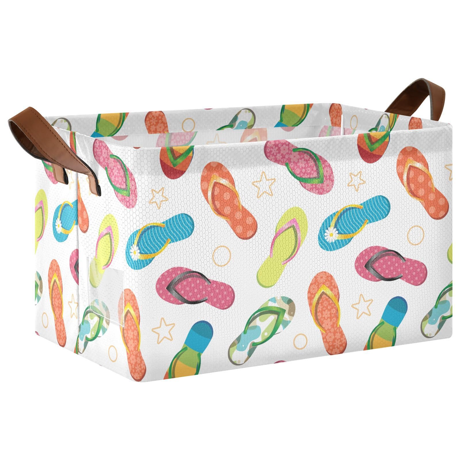 YNNALE Beach Star Flip Flops Summer Slipper Storage Bins for Shelves with Labels&Handles Fabric Organizer Bin Foldable Rectangle Storage Basket Boxes