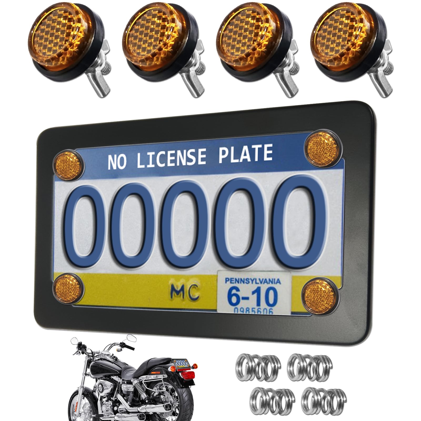NJNYLLC Motorcycle License Plate Frame with Yellow Reflectors Bolts and Nuts, Black Stainless Steel Tag Plate Holder Bracket Kit for Motorbike