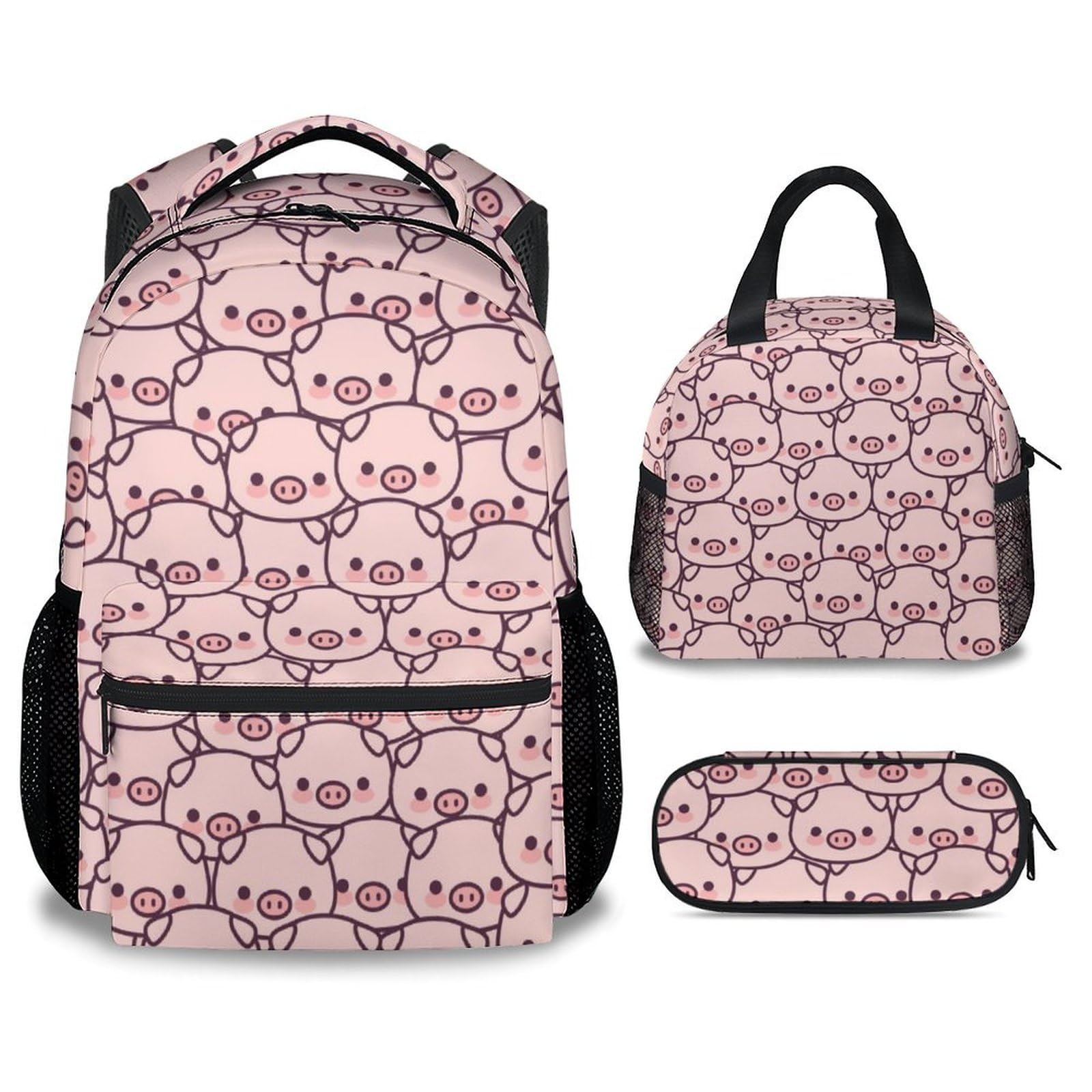AIOMXZZ Pig Backpack with Lunch Box and Pencil Case, 16 Inch Cute Pig Bookbag Durable, Lightweight, Large Capacity, Funny Animal Backpack for School