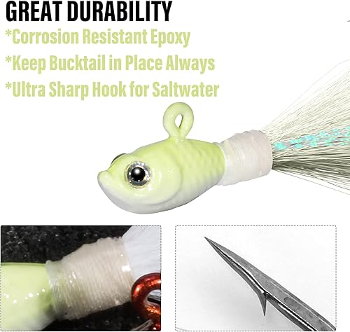 Miniatura 4 de Dr.Fish Paquete de 3 señuelos de cola de cubo para el cabello, señuelos de agua salada y dulce para pesca de surf, pesca, blanco, rojo, Chartreuse