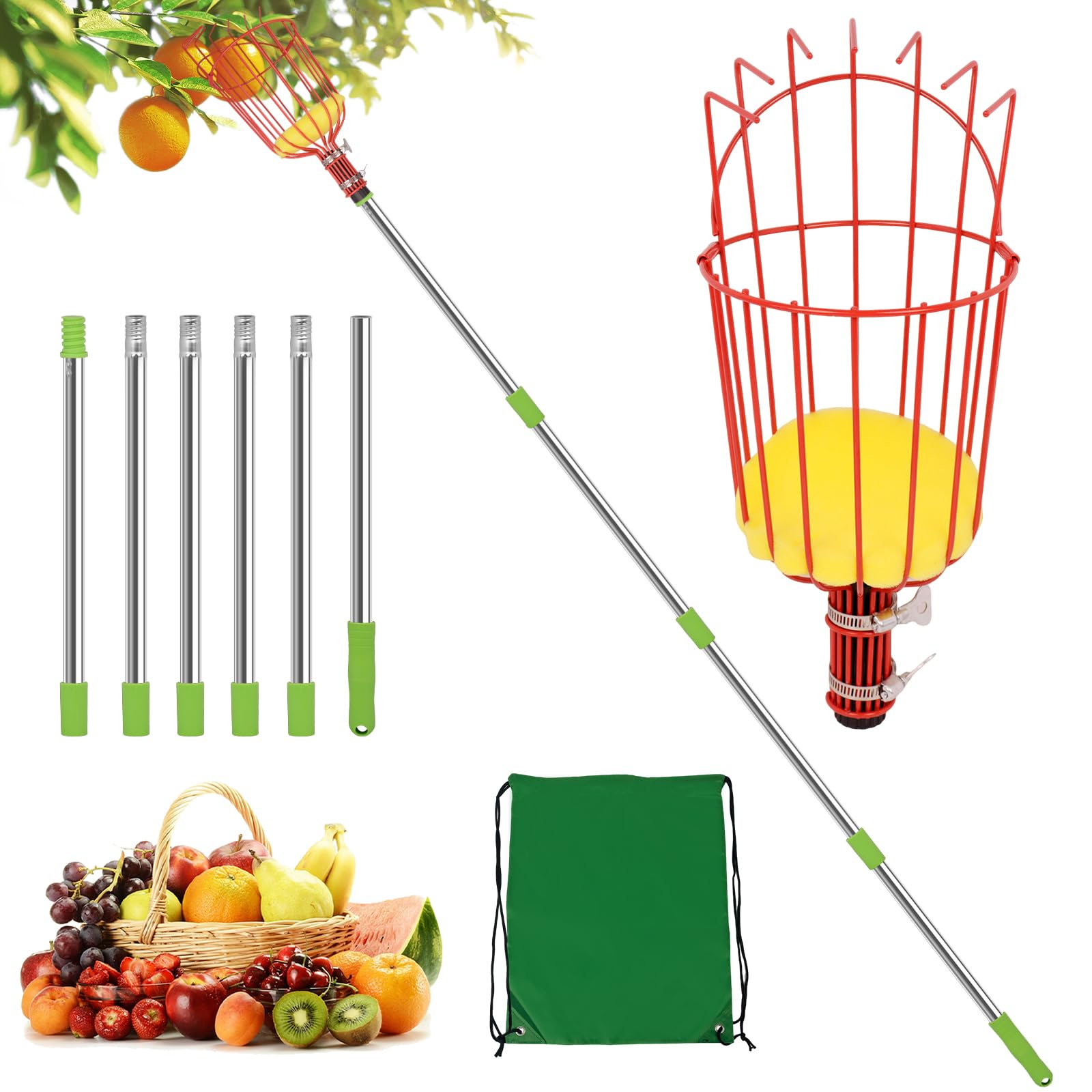 2.7M Fruit Picker Tool, Adjustable Fruits Picker Tool with Stainless Steel Pole and Big Basket, Tree Fruit Catcher for Picking Lemon Pear Orange Avocado Peach Citrus