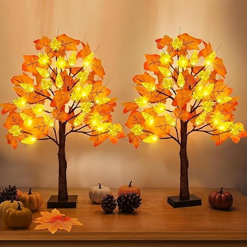 Paquete de 2 decoraciones de árbol de arce de otoño preiluminadas de 24 pulgadas con 48 luces LED, temporizador de otoño, funciona con pilas,