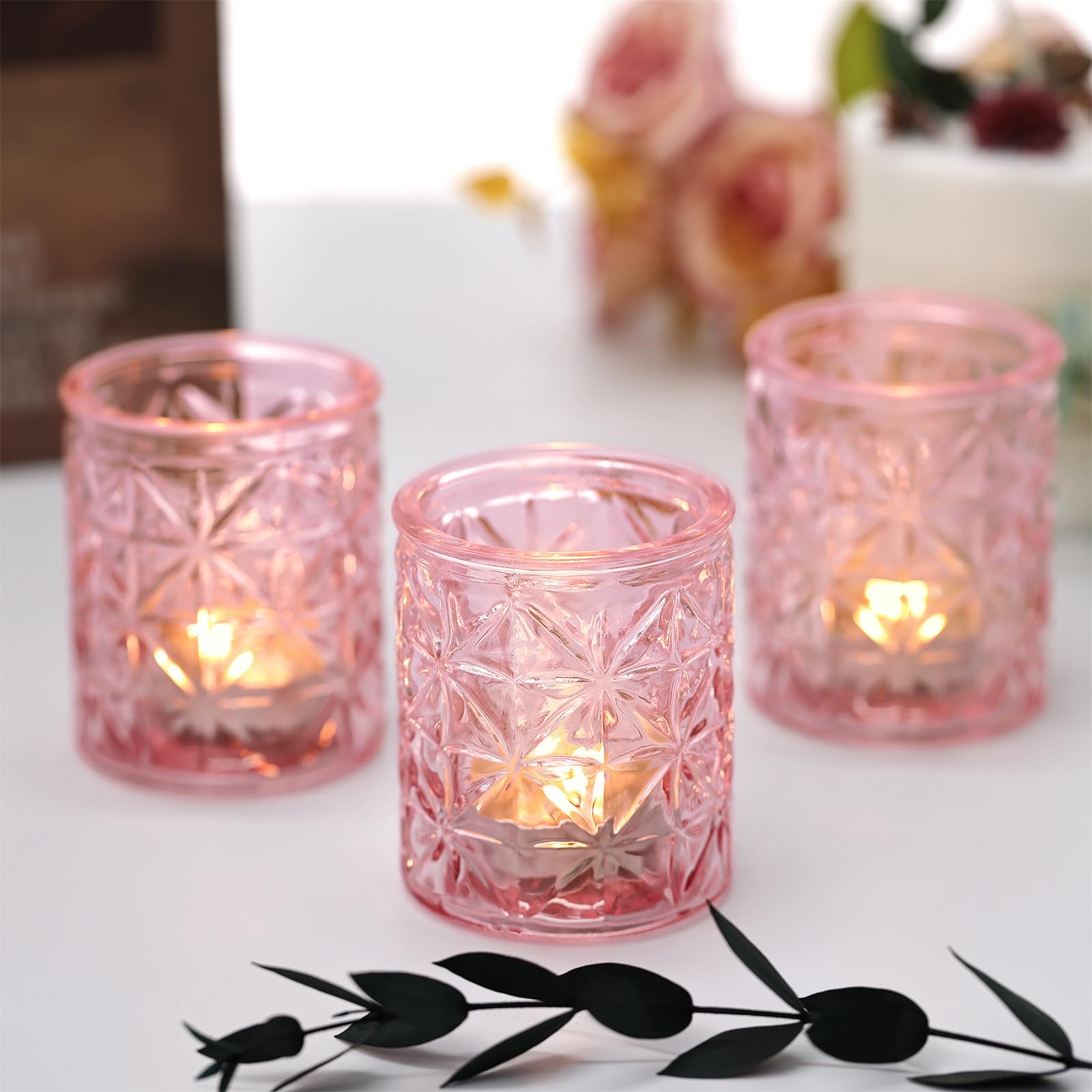 Auzritek Lot de 12 Photophore Verre, pour la Décoration De la Maison Bougeoir Verre, Photophore Bougie Rose, Décoration Idéale pour Dîner, Mariage, Fête, Noël, Nouvel an, Thanksgiving