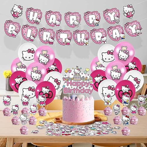 Miniatura 7 de Decoraciones de fiesta de cumpleaños kawaii, lindos globos de anime de dibujos animados, pancarta, calcomanías, adornos para tartas, adornos para