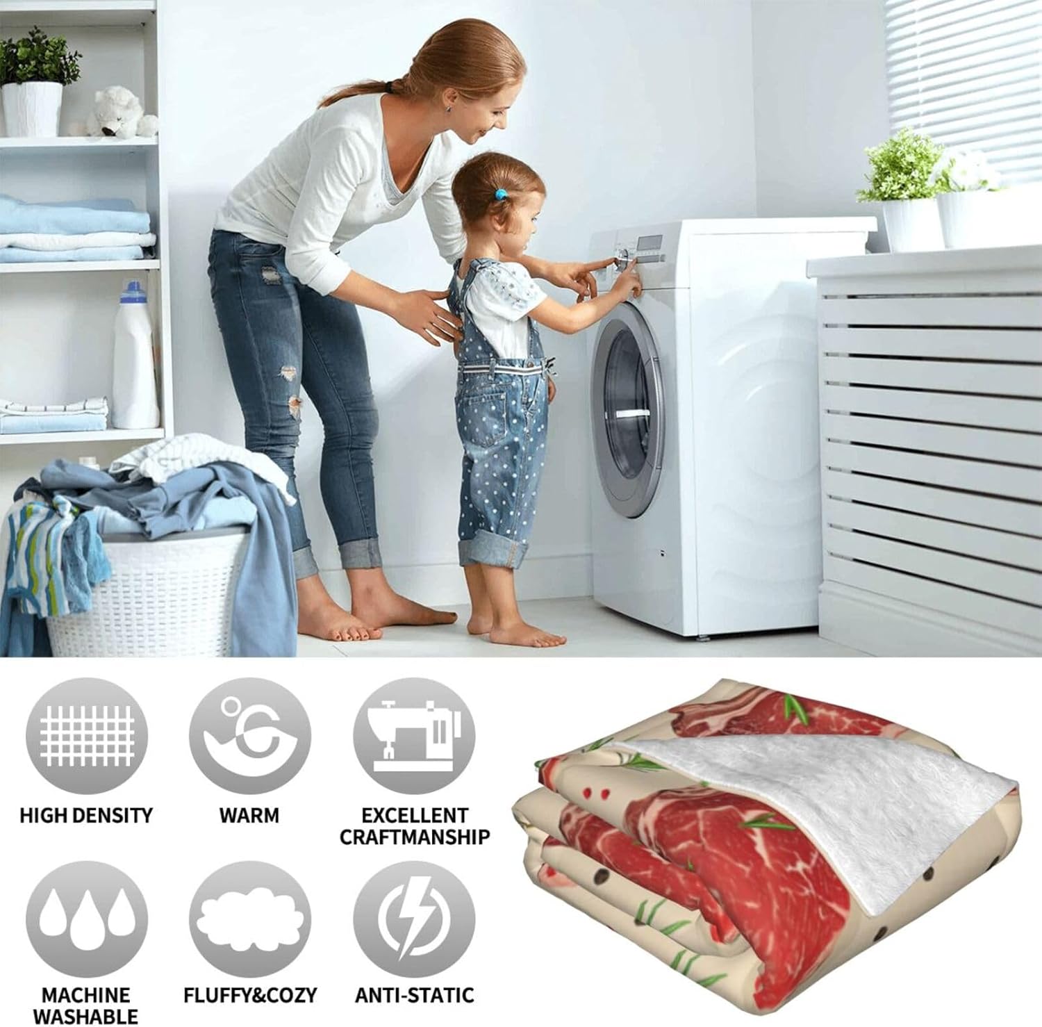 Steak and Herbs Blanket Gifts for Women Men Adults Steak Lovers, Beaf Meat Foods Plush Fleece Throw Blankets, Cozy Soft Warm Bedding Decor for Sofa Living Room Travel 50"x60"