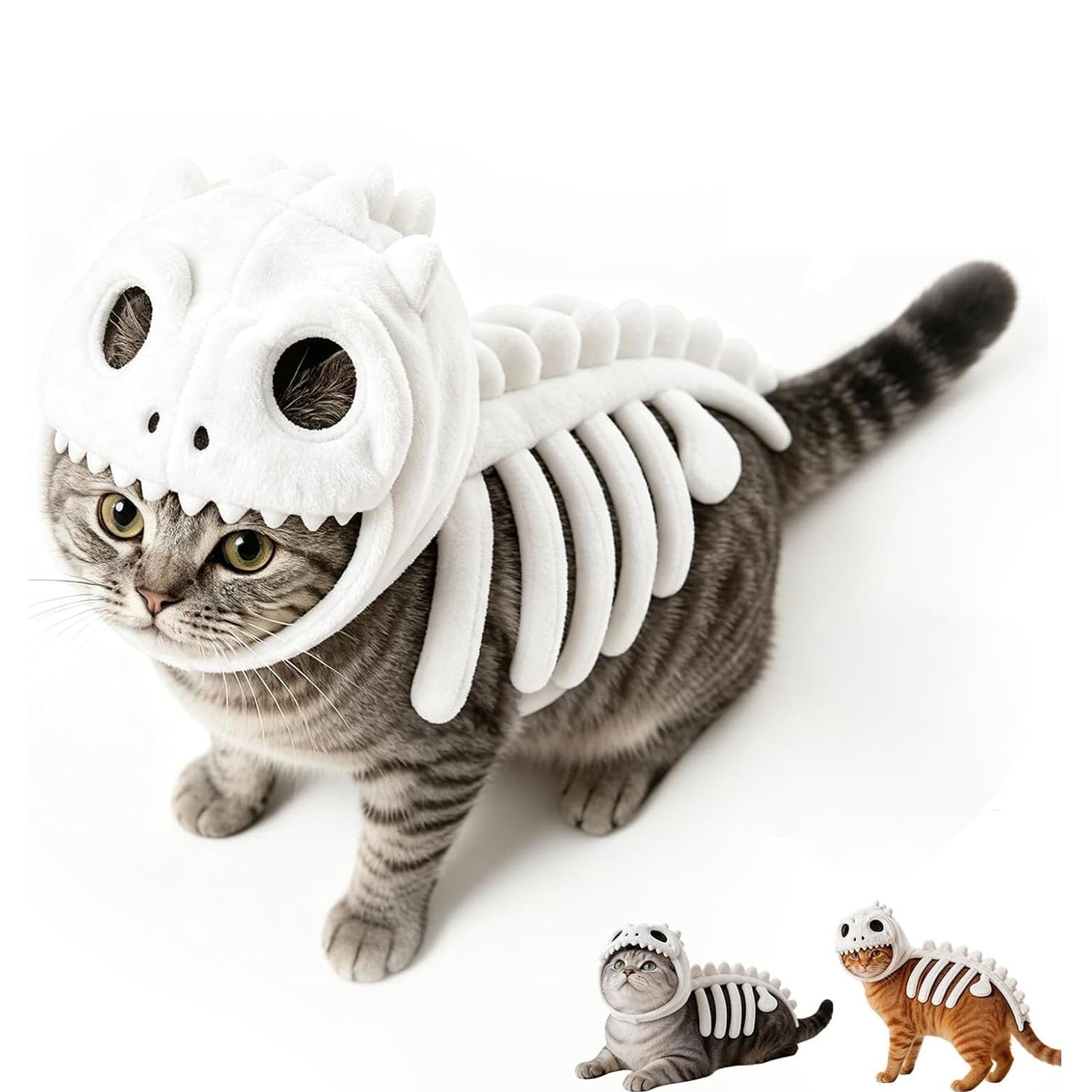 Halloween Cat Costume Plush Dinosaur Skeleton Pet Outfit (A)