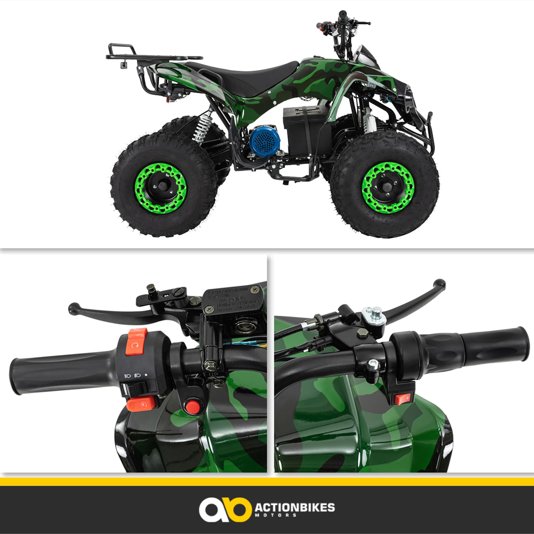 Actionbikes Motors Kinder Quad Elektro ATV S-10 | 𝟒𝟖 Volt 𝟭𝟬𝟬𝟬 Watt Motor bis 𝟐𝟬 km/h - Kinderquad - Pocket Quad - Miniquad - Scheibenbremsen - Für Kinder ab 8 Jahren (Camouflage lackiert)