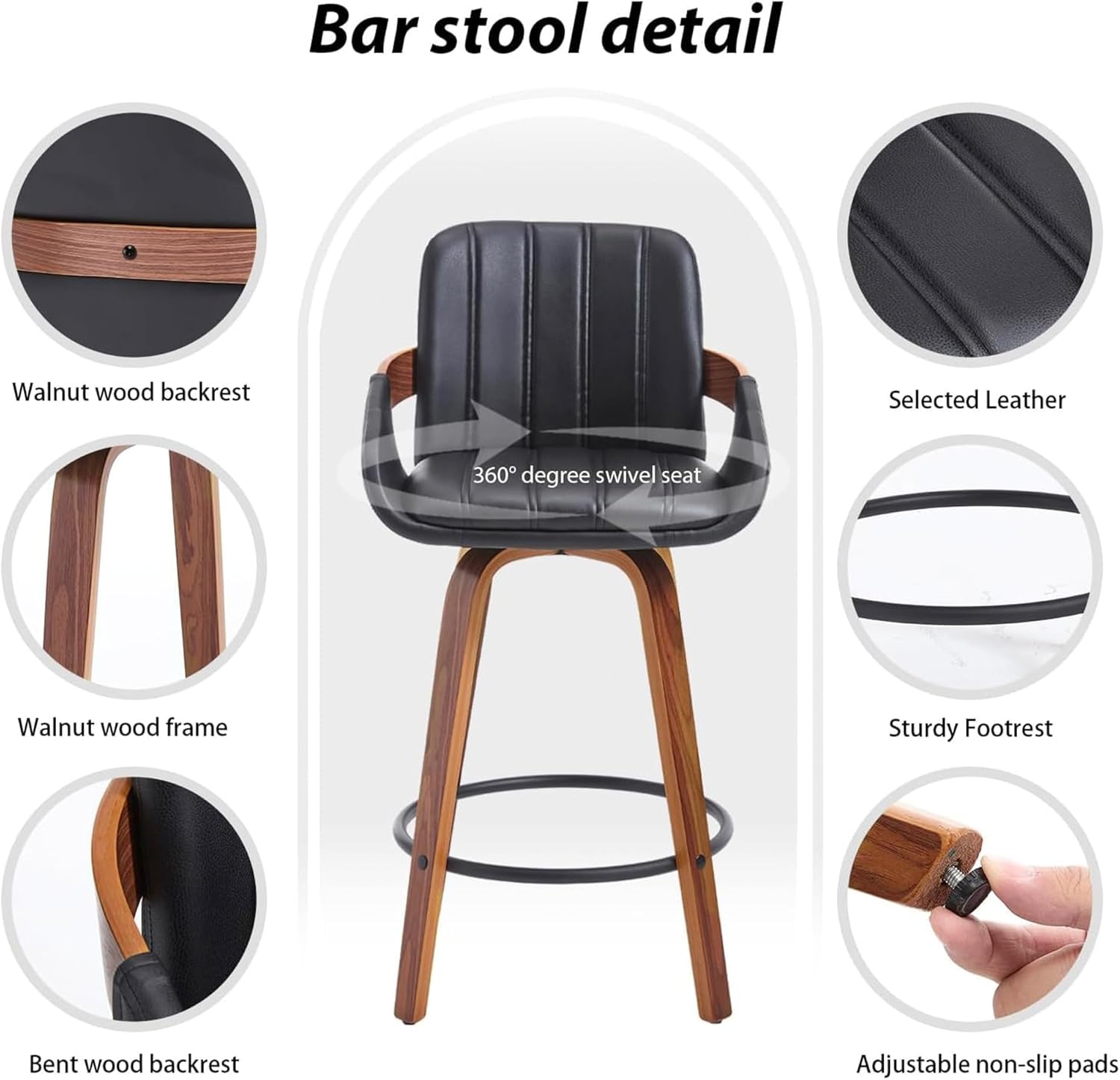 VipDesk Swivel Bar Stools Set of 2, 26" Counter Height Bar Stools with Back and Arms, Faux Leather Modern Upholstered Bar Chairs with Walnut Frame for Kitchen Island Bar - Black