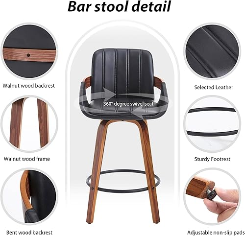 Miniatura 7 de Swivel Bar Stools Set of 2, 26" Counter Height Bar Stools with Back and Arms, Faux Leather Modern Upholstered Bar Chairs with Walnut Frame for
