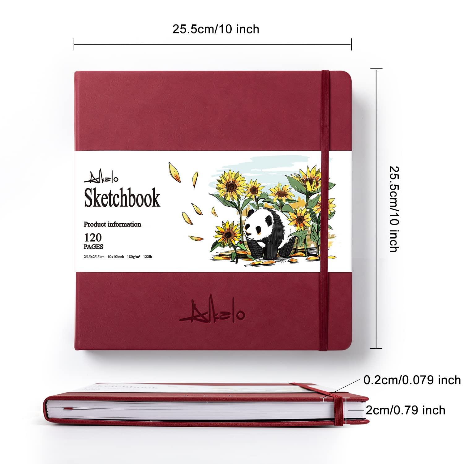 ALKALO Cuaderno de dibujo cuadrado de 180 g/m² con cierre elástico y marcador de cinta (tamaño grande, rojo)
