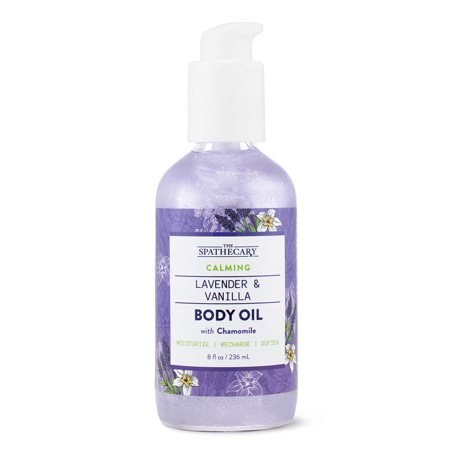 Calming Body Oil Lavender & Vanilla with Chamomile – SHIMMERING. Cruelty-Free, Nourishing, Spa-Like Treatment to Moisturize Recharge & Soften, 8 oz.