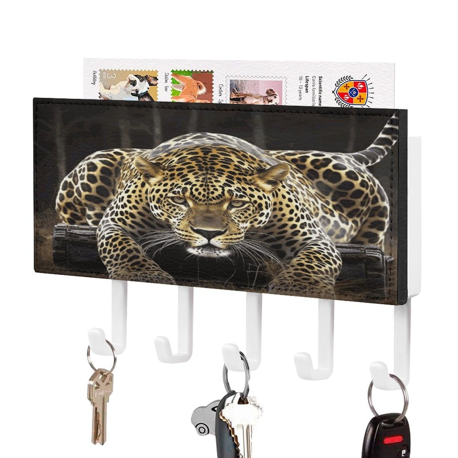 Fekiloot White-Style Leopard2 Key Holder Wall Mount Key And Mail Holder Key Hanger With 5 Hooks Decorative Pu Key Rack Hanging Key Hooks For Wall Living Room Kitchen Bathroom Hallway