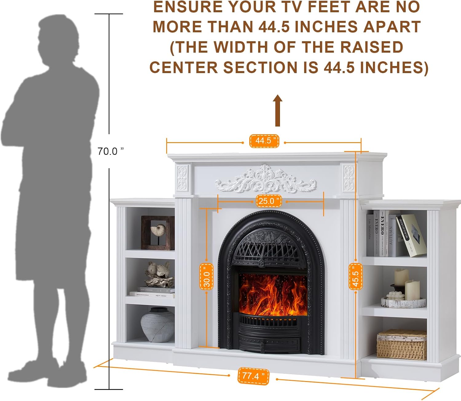 78" Electric Fireplace with Mantel, Electric Fireplace Heater Entertainment Center with Storage, TV Stand for TVs Up to 90 Inch, Stacked Stone Surround 30'' Fireplace Insert Heater Living Room-White