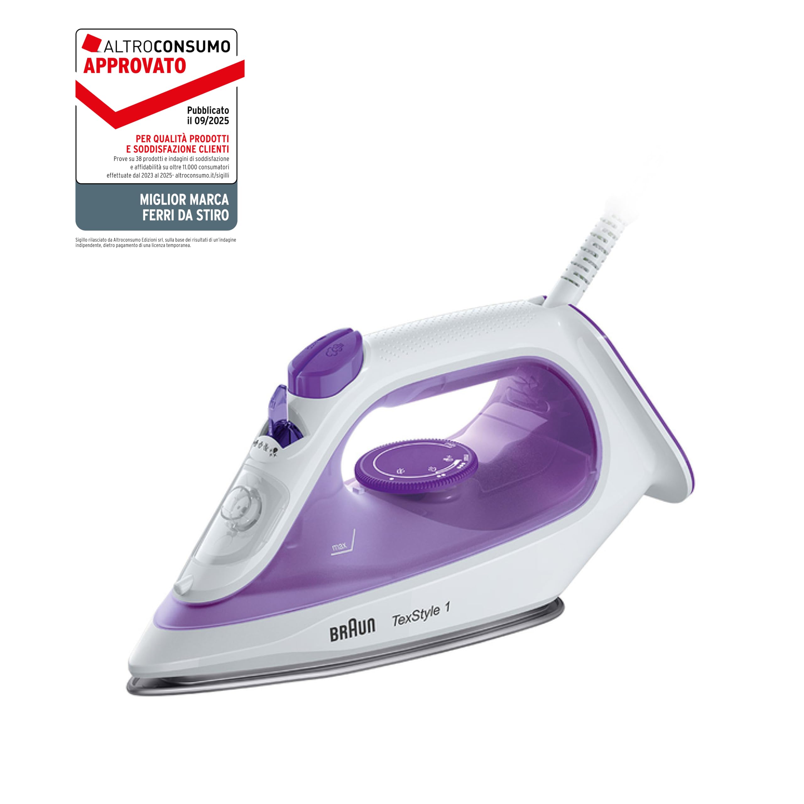 Braun TexStyle 1 SI1080VI, Ferro da Stiro CON 5 ANNI DI ASSISTENZA Piastra SuperCeramic, Punta di Precisione, 130g/min,Ricarica da 220ml, Eco Mode, Sistema Antigoccia, 2000W, Viola
