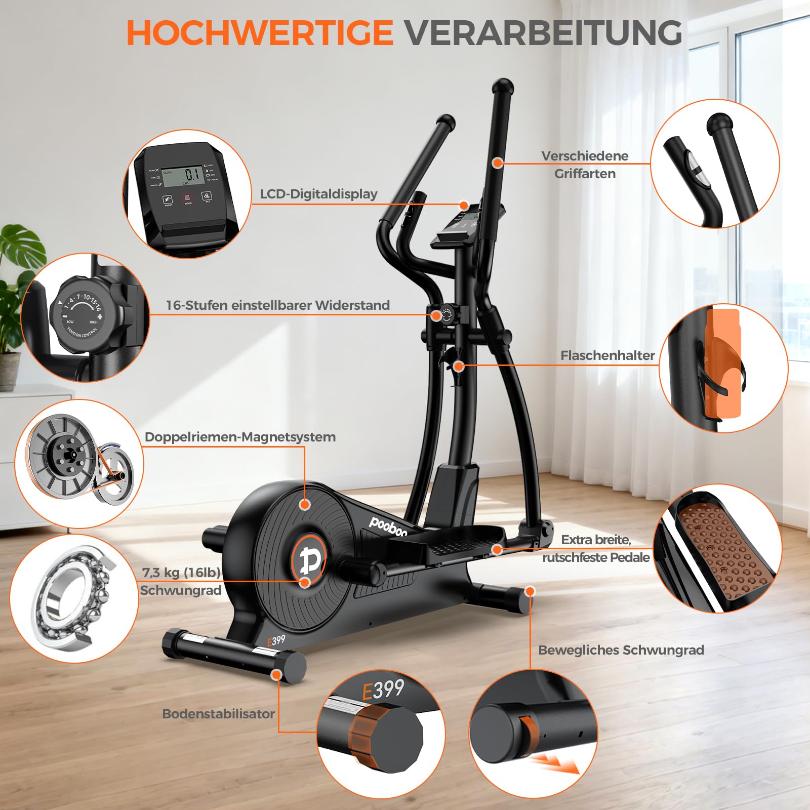 pooboo Elliptischer Crosstrainer 16-stufiger Widerstand hyperleises Magnetleitsystem LCD-Monitor 15,5 Zoll Schrittlänge