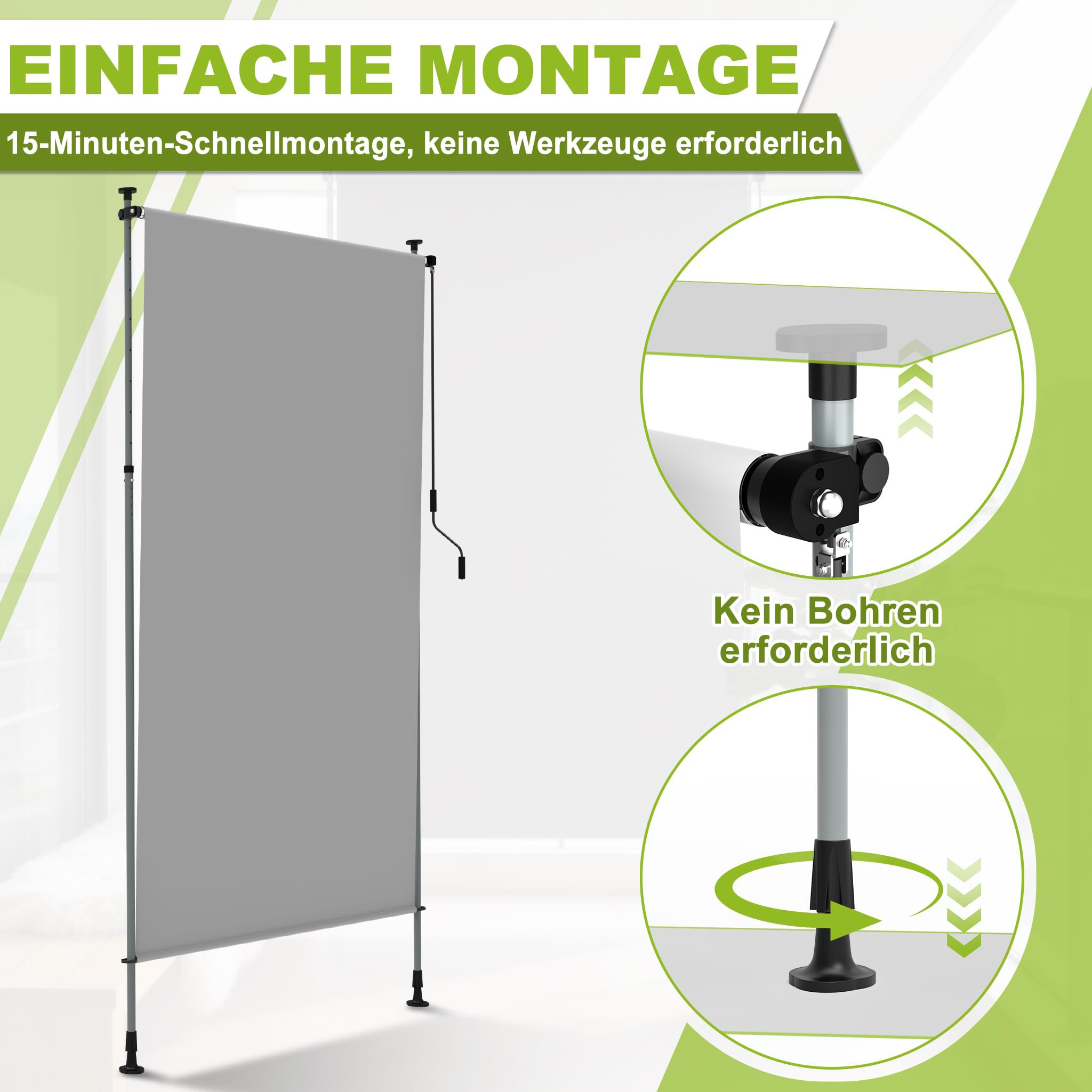 YRHome Klemmmarkise 200x310cm Vertikalmarkise Wasserfest & UV-Schutz Senkrechtmarkise mit Handkurbel ohne Bohren Sichtschutz Ausziehbar Seitenmarkise für Garten Terrasse Balkon - Hellgrau