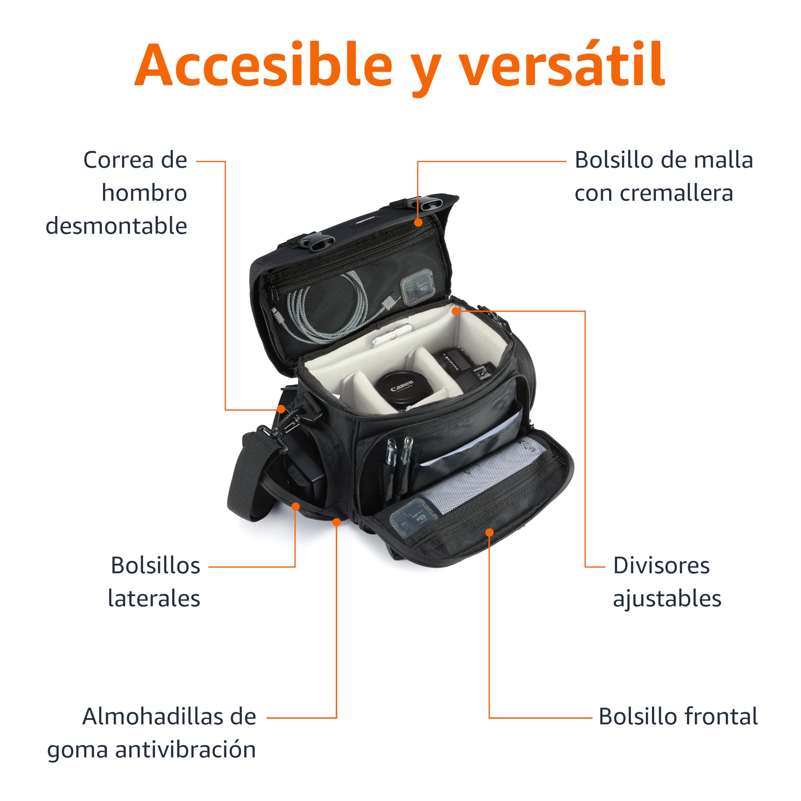 Amazon Basics Bolsa de Hombro para Cámara SLR y Accesorios, Grande, Correa Ajustable, Impermeable, Antichoque, Sólido, Acolchado - Negro/Gris
