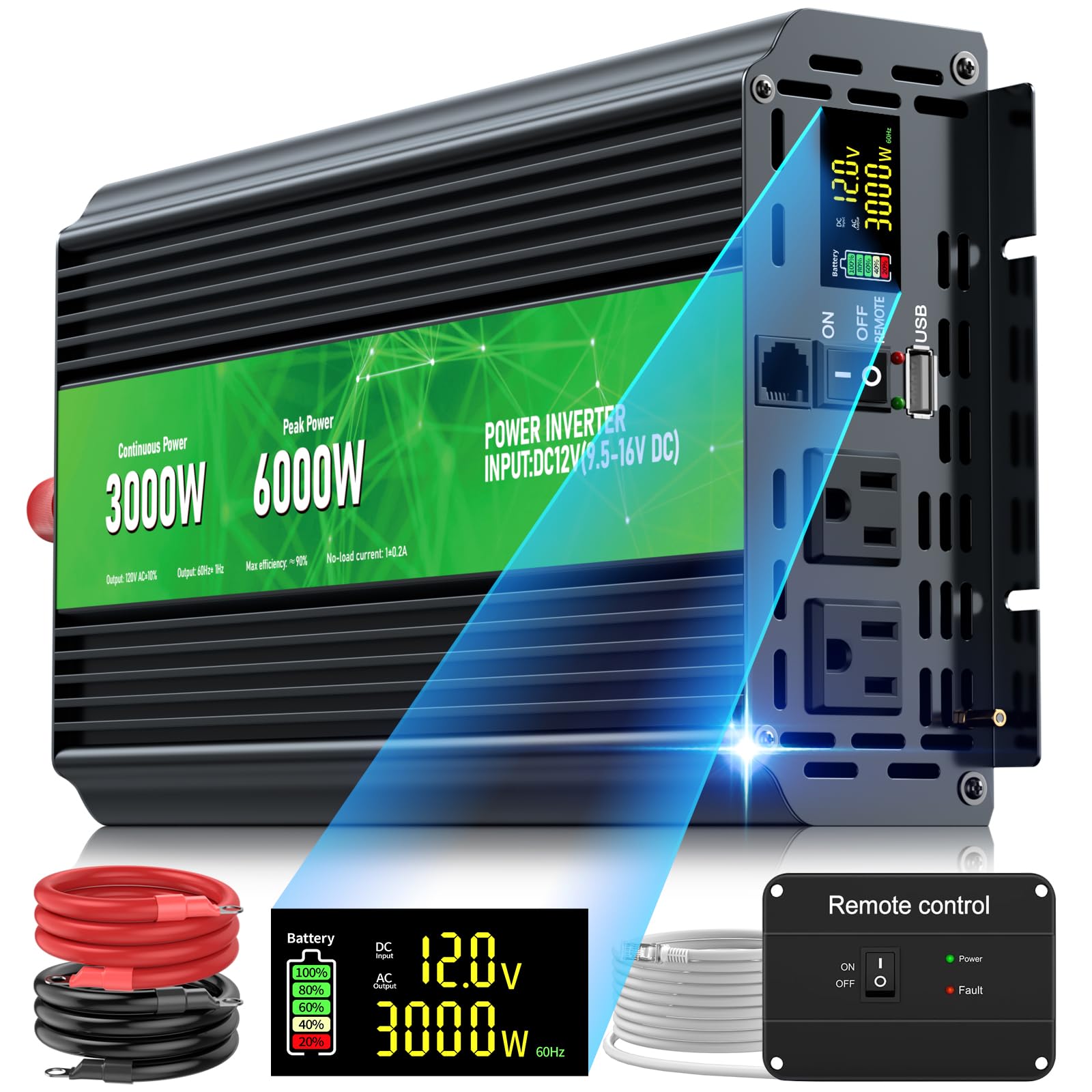 3000W Power Inverter,Peak Power 6000W 12V DC to AC 110V120V,Remote Control with 2AC Outlets and 2.4USB Port,LED Display for Power Converter,Outdoor Activities,Emergency,Vehicles Truck RV Solar System