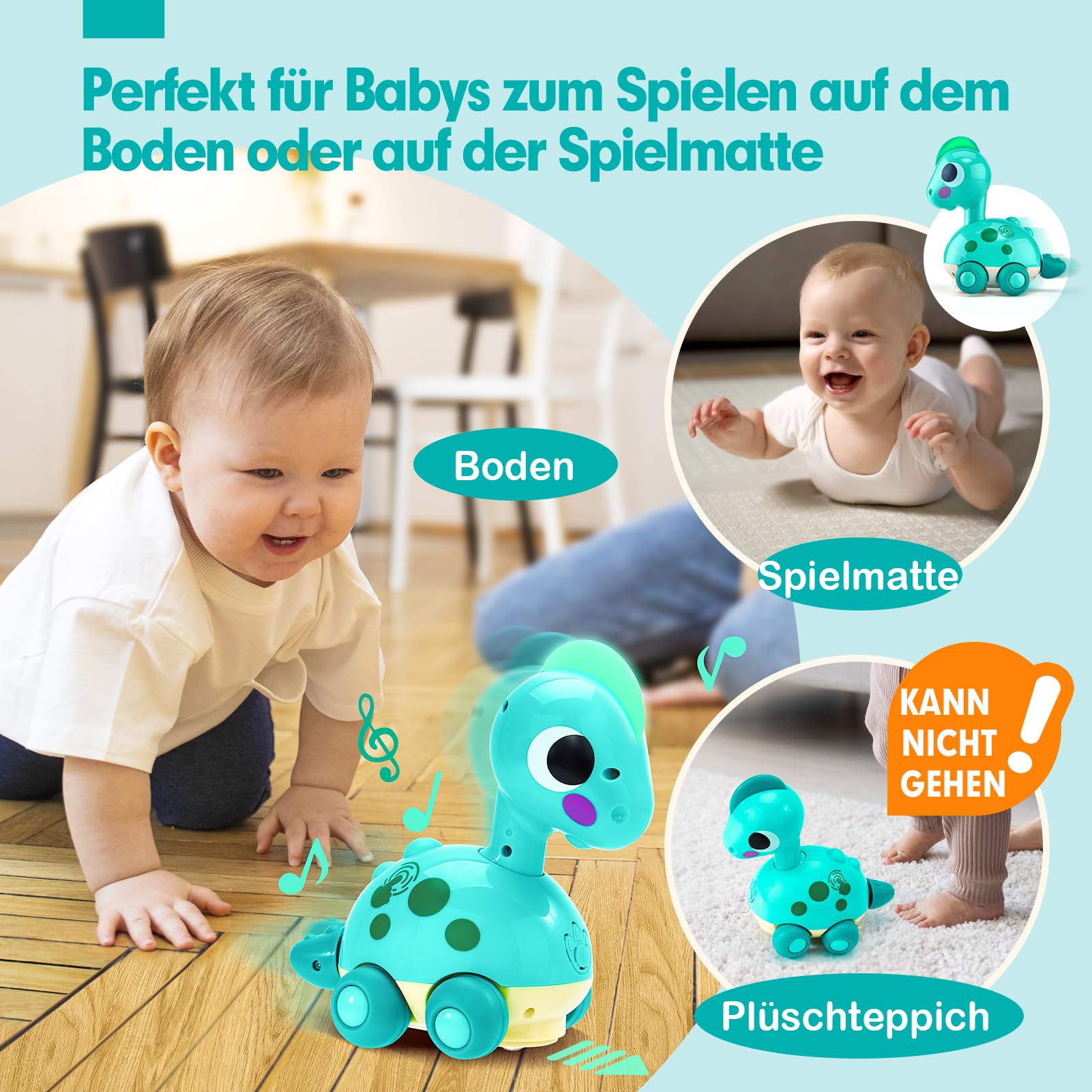 CubicFun Musik Dinosaurier Baby Spielzeug 6 Monate, Krabbelspielzeug mit Licht & Sound, Interaktives Krabbel Dino Spielzeug ab 6 Monate,Tummy Time Toys, Baby Geschenk für 6-12 Monate Junge Mädchen