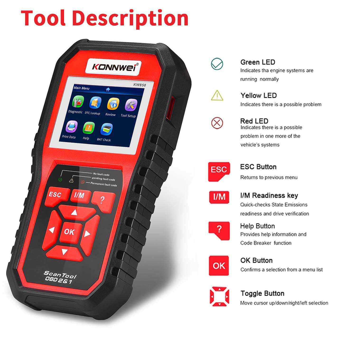 KONNWEI KW850 OBD2 Diagnostic Auto Valise Voiture,OBD Diagnostique Français Auto Multimarque, Lecteur de Code d'erreur de Moteur, Valise Effacer Defaut Voiture pour BMW Peugeot VW Véhicules