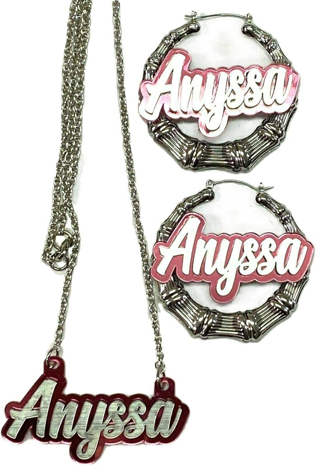 Necklace With Silver Chain and 2.5" Bamboo Earrings Personalized Matching Set Name Plate Custom Nameplate Laser Cut Silver Script Letters Made To Order Any Name - Dazzling and Stunning!