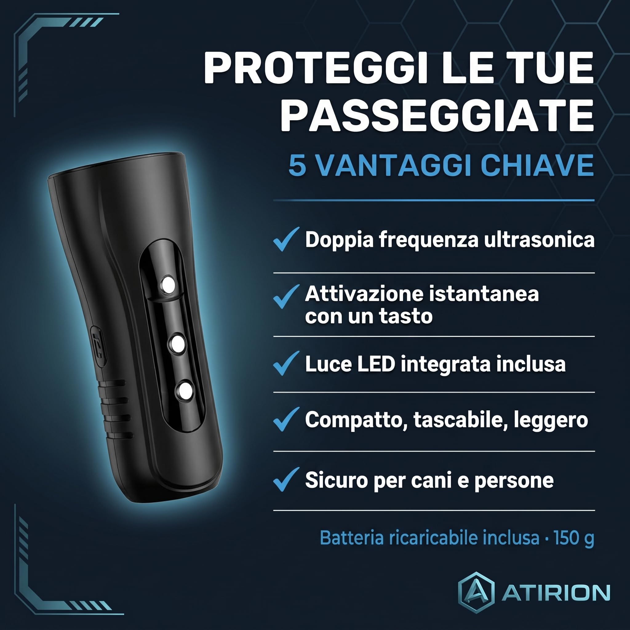 Repellente Ultrasonico Portatile per Cani Randagi - Dissuasore ad Ultrasuoni Doppia Frequenza con Torcia LED Integrata - Dispositivo Anti Abbaio Educativo Tascabile per Passeggiate e Corsa (Sonic Paw)