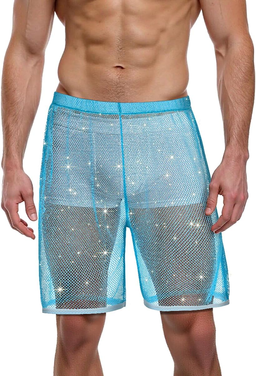 JINSHI Men's Sparkling Sleeveless Sheer Mesh Top, Fishnet Shirt, Sexy Transparent Tee, Ideal for Muscle Display
