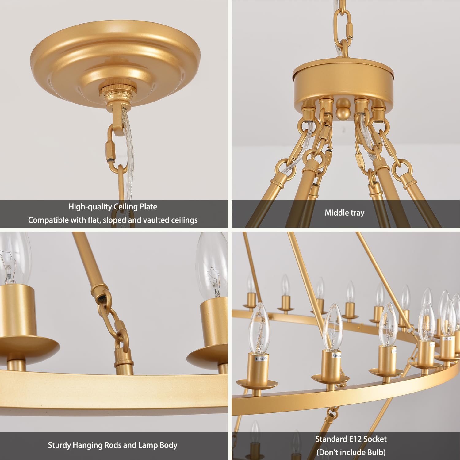 60 Inch Gold Extra Large Wagon Wheel Chandelier, 2 Tier 54-Lights Farmhouse Industrial Round High Ceiling Pendant Light Adjustable Chain, for Dining Room, Living Room