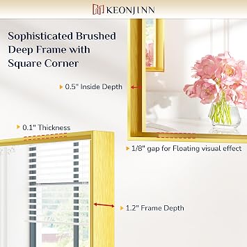 Keonjinn Gold Bathroom Mirror 60 x 36 Inch, Brushed Gold Metal Framed Mirrors, Square Corner Rectangular Large Wall Mirrors, Trimmed Wall-Mounted Vanity Mirror(Horizontal/Vertical)