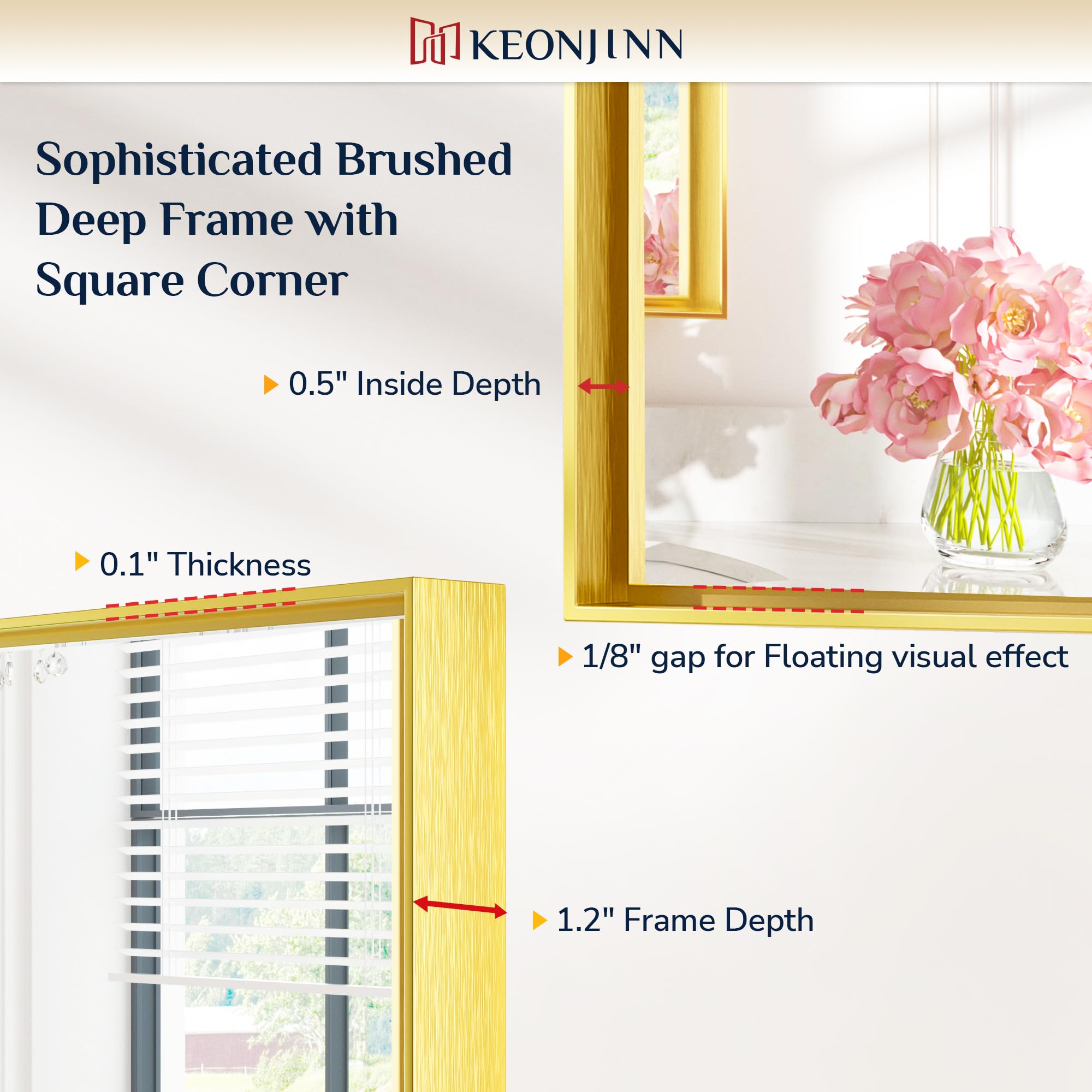 Keonjinn Brushed Gold Bathroom Mirror 60" x 30", Metal Framed Rectangular Gold Wall Mirror, Modern Farmhouse, Aluminum Alloy, Square Corner Rectangle Bathroom Vanity Mirrors(Horizontal/Vertical) - 4