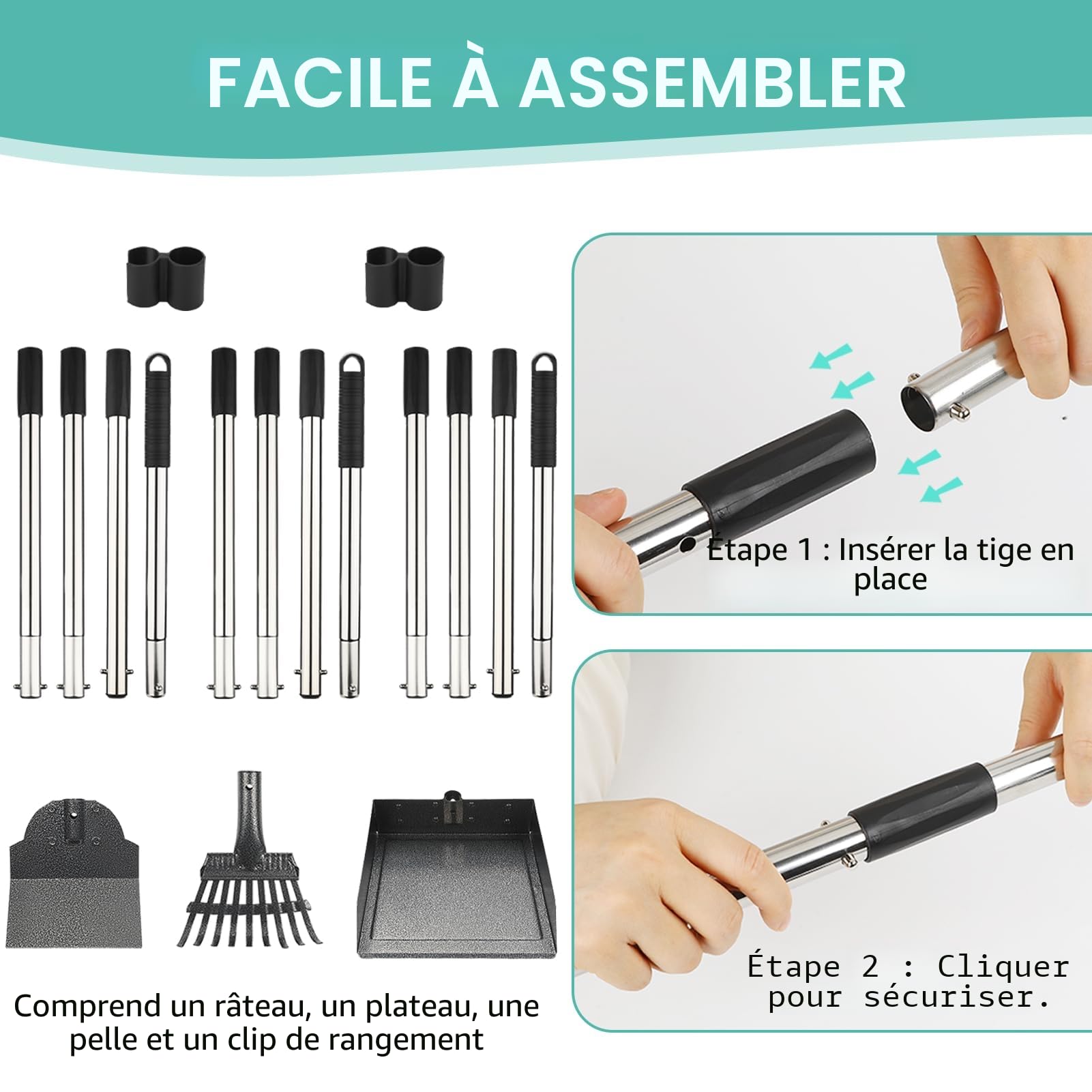 Pelle a Crotte pour Chien, Manche Long Réglable, Palette en Métal, Râteau, Pelle pour Chiens de Grande, Moyenne et Petite Taille, pour Herbe, Saleté, Gravier – Kit 2 - Pack