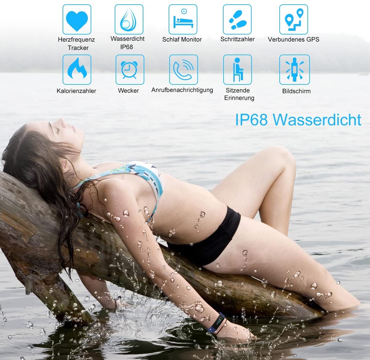 LEBEXY Braccialetto fitness impermeabile IP68, smartwatch con contapassi, contatore di calorie, GPS integrato, versione S2, blu