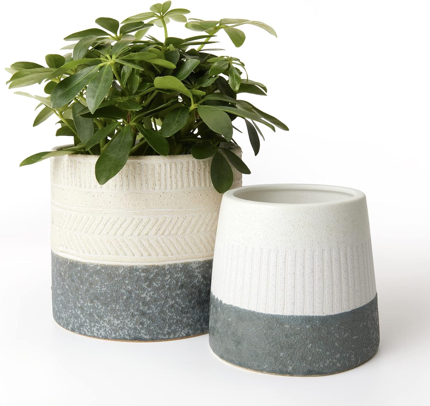 La Jolie Muse Ceramic Planter Flower Plant Pots- 6.7+5.5 Inch Concave Dot Patterned Cylinder Flower Pot W/ Drain Hole for Indoor, Set of 2, Ivory