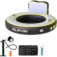 ALIFUN 3.7/8ft Inflatable Water Hammock Round Floating Ring, 6 Inches Thick Heavy Duty Inflatable Floating Dock with Manual Pump, Non-Slip Durable Floating Dock for Pool Party, Lake, River & Ocean