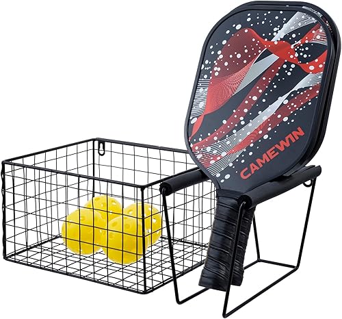 MyGift 16 Inch Wall Mounted Metal Pickleball Paddle Rack and Storage, Hanging Equipment Organizer with Racket Holder and Basket for Balls