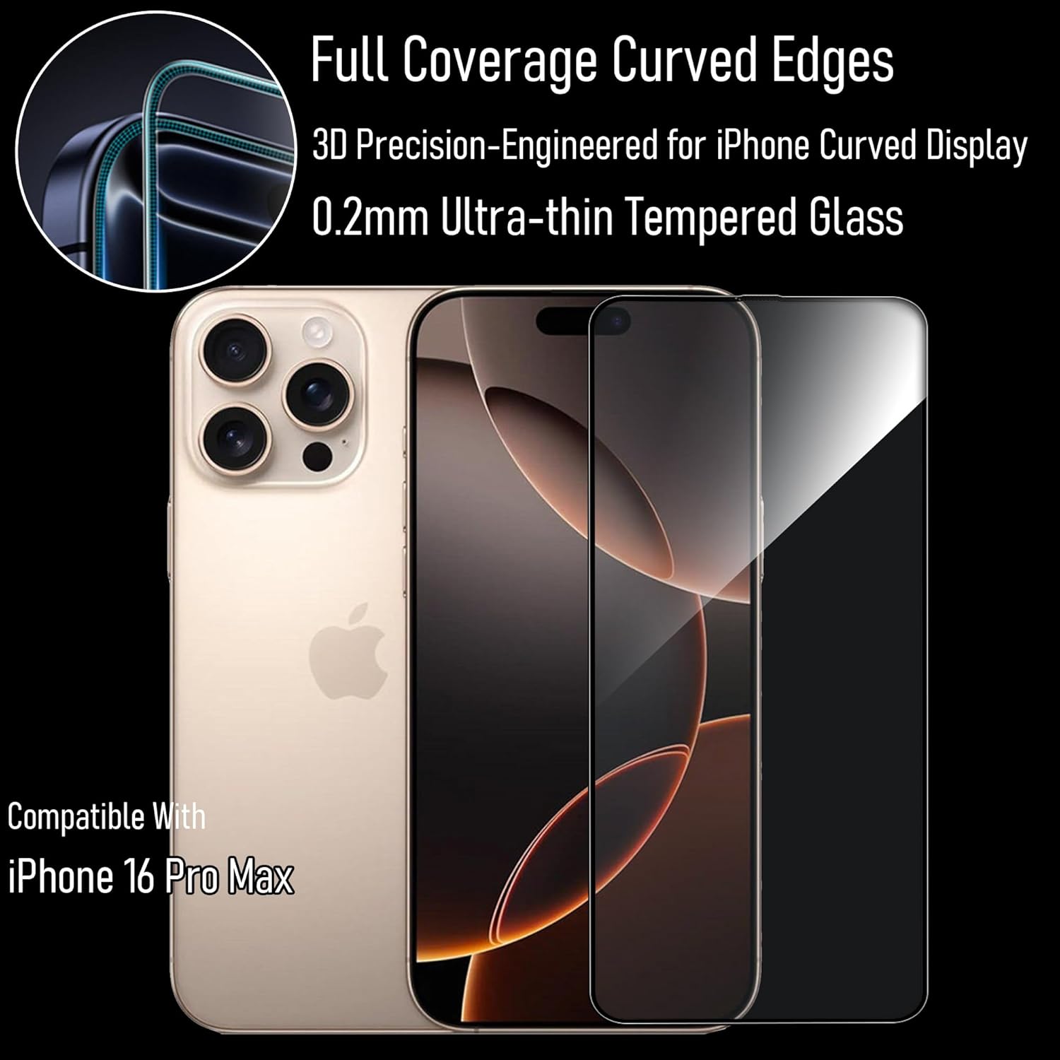 3 Pack Privacy Phone Screen Protector of 4-Way-360° Anti-Spy Tempered Glass, Unbreak Military Grade Drop Protection, 3D Curved Full Edge Coverage, Sensitive, Anti-Fingerprint, Bubble Free with Easy Install Toolkit For iPhone 16 Pro Max